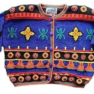 Vintage Clarity Creations Hand Knitted Button Cardigan Sweater Medium